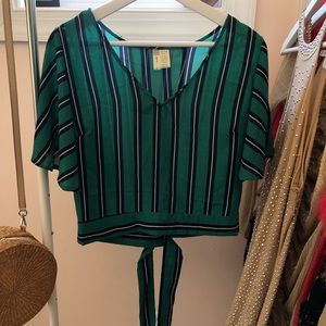 Green Striped Blouse w/ Back Detail!